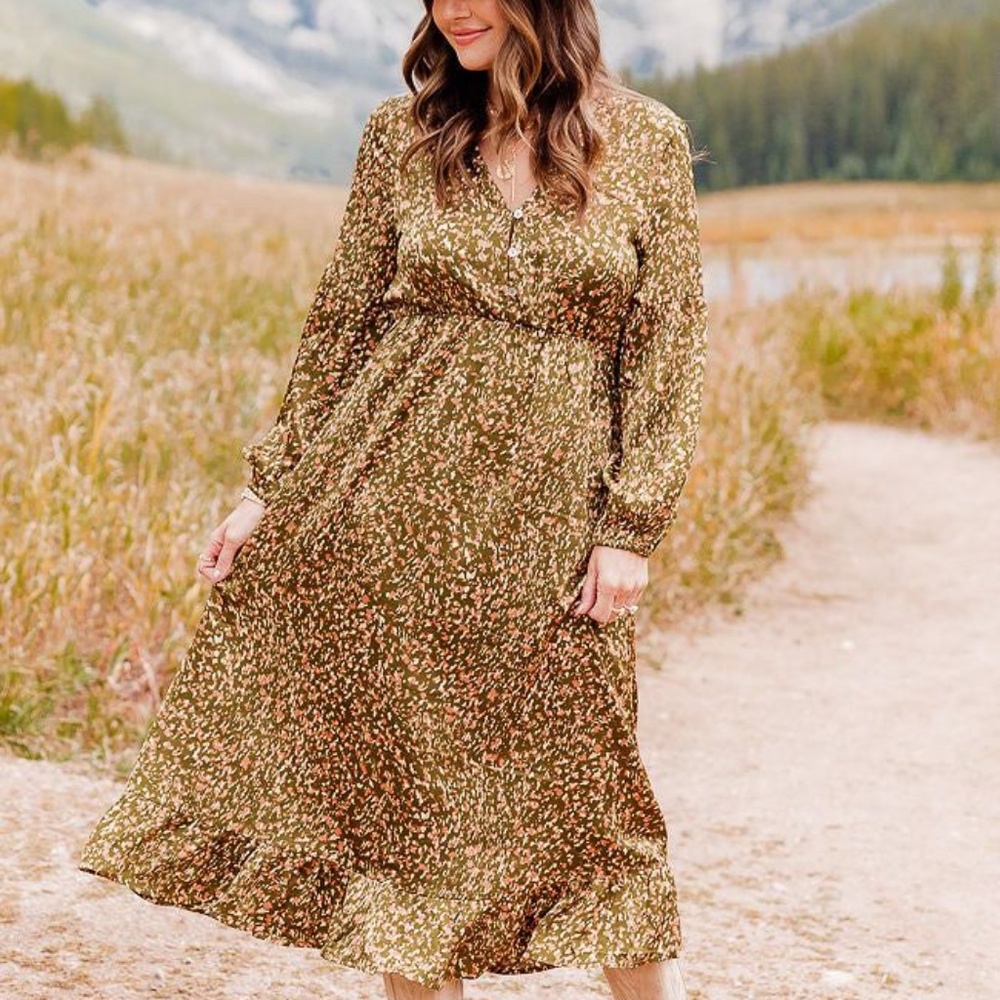 Amber Massey x Pink Lily Annie Olive Midi Dress